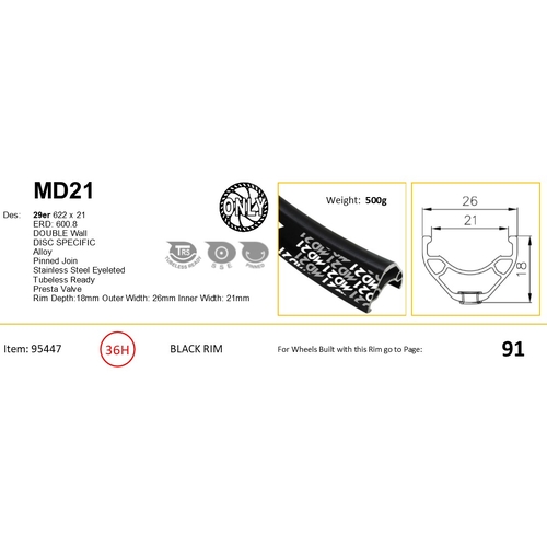 RIM 29er x 21mm - ALEX MD21 - 36H - (622 x 21) - Schrader Valve - Disc Brake - D/W - BLACK - Eyeleted - Tubeless Ready - (Requires AV tubeless valve)