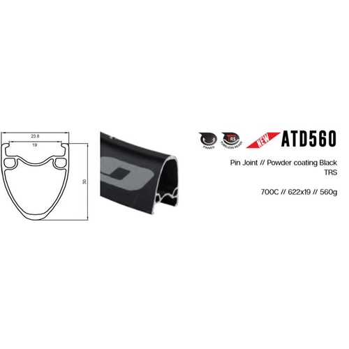 RIM 700c x 19mm - ALEX ATD560 - 24H - (622 x 19) - Presta Valve - Disc Brake - D/W - BLACK - Tubeless Ready