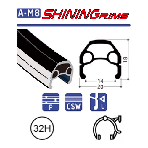 RIM 650C - SHINING A-M8S - 32H - (571 x 14) - Rim Brake - F/V - D/W - MSW - BLACK - (ERD 552)