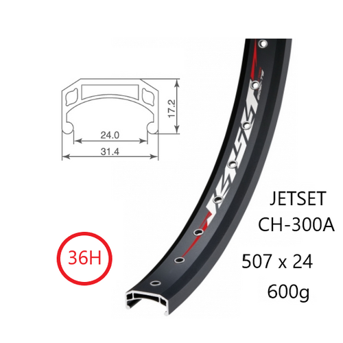 RIM 24" x 24mm - JETSET CH-308A - 36H - (507 x 24) - Presta Valve - Rim Brake - D/W - BLACK - Eyeleted - MSW - Quality Jetset rim made in Taiwan - (ER
