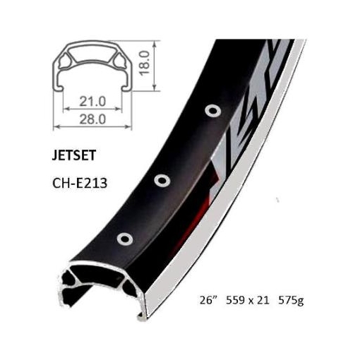RIM 26" x 21mm - JETSET CH-E213 - 36H - (559 x 21) - Schrader Valve - Rim Brake - D/W - BLACK - Eyeleted - MSW - Quality Jetset rim made in Taiwan  - 