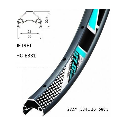 RIM 27.5/650B x 26mm - JETSET HC-E331 - 32H - (584 x 26) - Schrader Valve - Disc Brake - D/W - BLACK - Tubeless Ready - (Requires AV tubeless valve) -