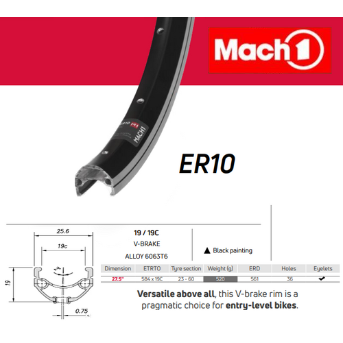 RIM 27.5/650B x 19mm - Mach1 ER-10 - 36H - (584 x 19C) - Schrader Valve - Rim Brake - D/W - BLACK - Eyeleted - MSW - Made in France - (ERD-561)