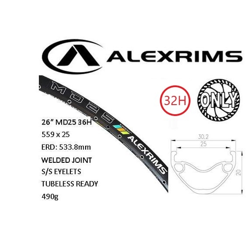 RIM 26" x 25mm - ALEX MD25 - 32H - (559 x 25) - Schrader Valve - Disc Brake - D/W - BLACK - Eyeleted - Tubeless Ready - (ERD 533) - (Requires AV tubel