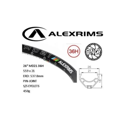 RIM 26" x 21mm - ALEX MD21 - 36H - (559 x 21) - Schrader Valve - Disc Brake - D/W - BLACK - Eyeleted - Tubeless Ready - (Requires AV tubeless valve)