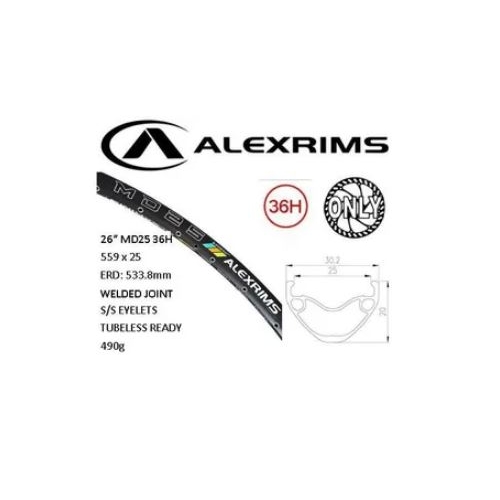 RIM 26" x 25mm - ALEX MD25 - 36H - (559 x 25) - Schrader Valve - Disc Brake - D/W - BLACK - Eyeleted - Tubeless Ready - (ERD 533) - (Requires AV tubel