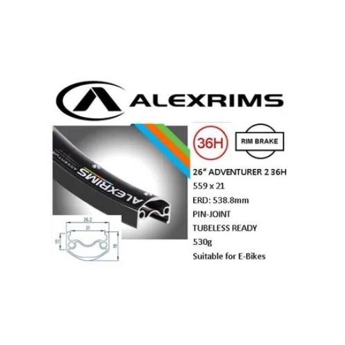 RIM 26" x 21mm - ALEX Adventurer2 - 36H - (559 x 21) - Presta Valve - Rim Brake - D/W - BLACK - Tubeless Ready - (E-bike Compatible) - (ERD 536mm)