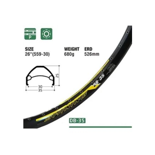 RIM 26" x 30mm - SHINING DB-35 - 36H - (559 x 30) - Presta Valve - Disc Brake - D/W - BLACK - Eyeleted - (Downhill Style)