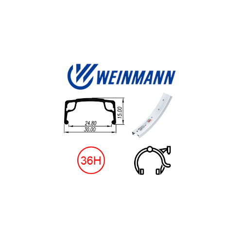RIM 16" x 24mm - WEINMANN AS7X - 36H - (305 x 24) - Schrader Valve - Rim Brake - S/W - SILVER - (296 ERD)