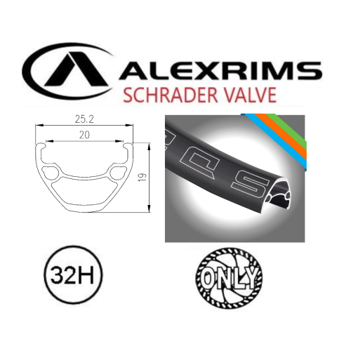 RIM 26" x 20mm - ALEX SD20 - 32H - (559 x 20) - Schrader Valve - Disc Brake - D/W - BLACK - Eyeleted - Tubeless Ready - (Requires AV tubeless valve)