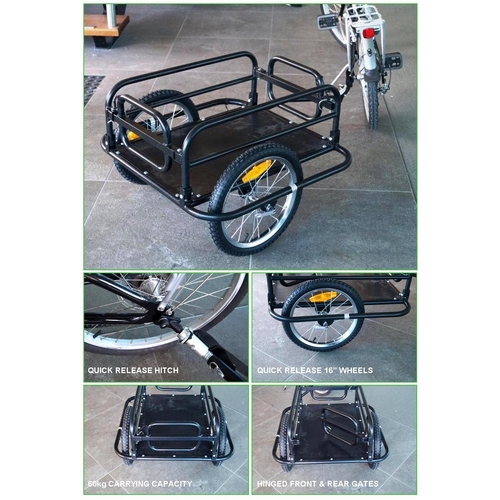 Bicycle Cargo trailer. Steel Frame.  Folds flat, 16' wheels-quick release, Capacity:60kgs, Loading size:67*45*25cm