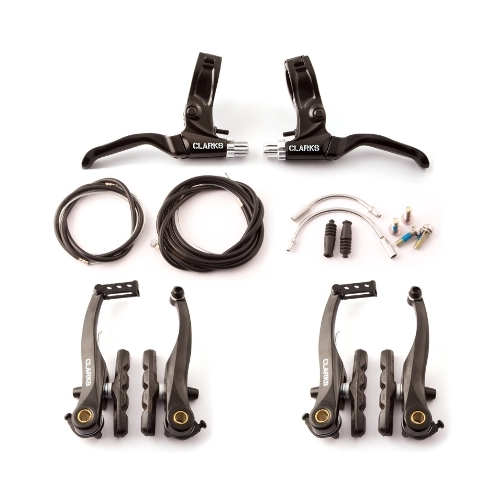 V BrakeSet, 2 x 110mm V-Brake arm sets, Pair Levers, Cables, Pads, and Guide Pipes, use with twist and thumb gear shift., hinged clamp levers Value CL