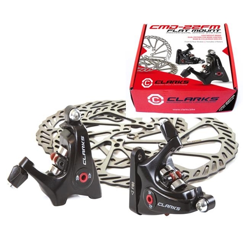 DISC BRAKE set, DUAL PISTON, FLAT MOUNT, MECHANICAL, FRONT & REAR, Road/Hybrid Compatible, Two Disc Brakes + 140mm & 160mm rotors   Quality Clarks pro