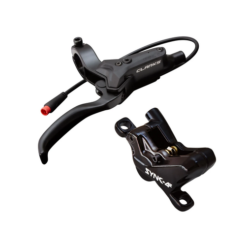CLARKS E-Bike Hydraulic Disc Brake Set with motor shut off, 4 piston brake system, FRONT & REAR, post mount, 180mm front & 160mm rear rotors, 16mm cal