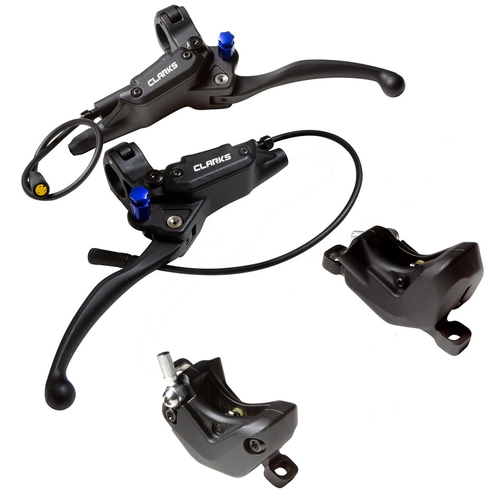 CLARKS Cargo Hydraulic Disc Brake Set with motor shut off, 2 piston, 1X1 Configuration; 1xFront 180mm & 1xRear 180mm + 2 x Rotors (2.3mm) + Shut-off, 