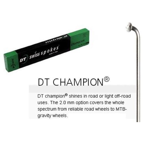 SPOKES - DT Champion Spoke, 265mm, SILVER (Sold Individually) - 14G (2.0mm), J Hook, Stainless Steel