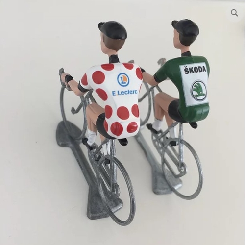 FLANDRIENS Models, 2 x Hand painted Metal Cyclists,  Red Polka & Green jerseys
