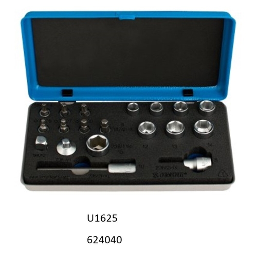 Unior Drivers and sockets Set, Torx bits sizes 25, 27 and 30, Hex bits sizes 3, 4, 5, 6, 8, 10, Socket sizes 8, 9, 10, 11, 12, 13, 14, 15, Adapters 1/